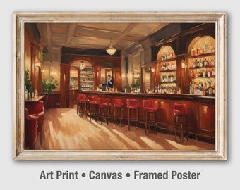 Puede incluir: Una pintura de un bar con una barra de madera y taburetes de bar rojos. La barra está iluminada por luces cálidas y amarillas y hay botellas de licor en las estanterías detrás del mostrador. Una persona está de pie detrás del mostrador, sirviendo bebidas.