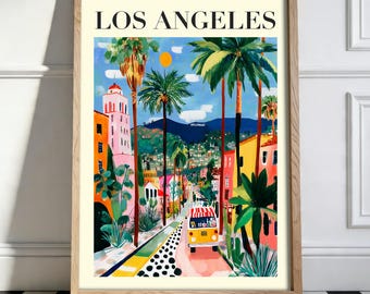 Los Angeles Poster, Colorful LA Wall Art, Hollywood Hills Print, Beverly Hills Decor, California Travel Gift, Palm Tree City Illustration