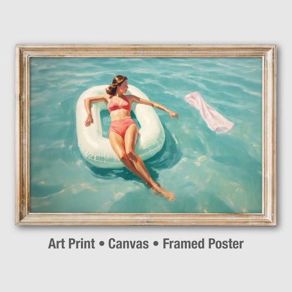 Vintage Pool Party Aesthetic Art Print, Swimming Woman Large Canvas, Summer Vibes Framed Poster. UA035