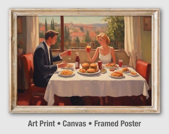 Romantic Burger Dinner Art Print: Vintage Oil Painting