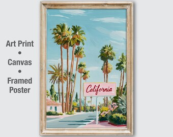California Wall Art Print, Palm Tree Poster, Retro California Sign, Living Room Decor, Travel Gift, Boho Beach Canvas.