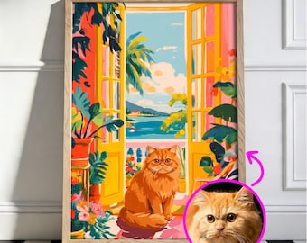 Custom Pet Portrait, Tropical Window Wall Art, Cat Mom Gift, Personalized Cat Print, Matisse Style, Painting From Photo, Tropical Home Decor