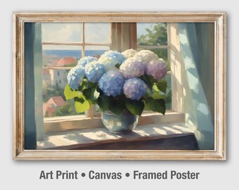 Hydrangeas Flowers Vintage Art Print, Botanical Wall Art, Muted Canvas Framed Poster. UA031