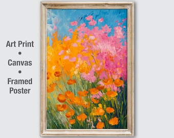 Colorful Floral Oil Painting Print, Bright Wildflower Wall Art, Maximalist Flower Canvas, Pink Orange Botanical Decor, Living Room Poster.