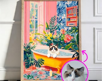 Custom Pet Portrait, Funny Bathroom Wall Art, Cat Mom Gifts, Personalized Cat Print, Matisse Style, Painting From Photo, Bathroom Decor.