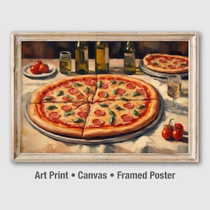 Pepperoni Pizza Still Life Oil Painting, Aesthetic Kitchen Art Print Canvas Framed Poster. UA018