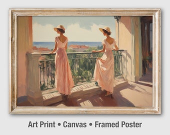 Women on Balcony Painting: Seaside Serenity Art Print