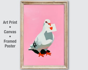 Pigeon Love Letter Wall Art, Dove Pink Poster Print, Funny Bird Bedroom Decor, Quirky Animal Canvas, Valentine Gift, Retro Wall Art UA060