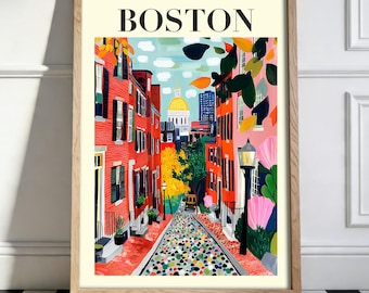 Boston Wall Art, Colorful Boston Poster, Beacon Hill Print, New England Travel Decor, Preppy Aesthetic Gift, Illustrated City Art.