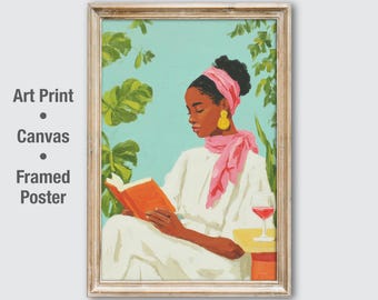 Black Woman Reading Art Print, Book Lover Wall Art, African American Woman Poster, Boho Reading Nook Decor, Colorful Botanical Canvas
