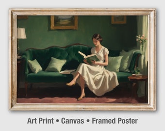 Antique Portrait, Reading Woman Painting, Aesthetic Art Print Canvas Framed Poster. UA024