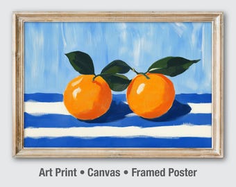 Orange Fruit Wall Art, Henri Matisse Style Print, Kitchen Decor, Bright Citrus Painting, Blue Stripe Canvas, Dining Room Poster