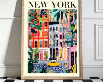New York City Poster, Feminine NYC Wall Art, SoHo Street Print, Girly Preppy Decor, Colorful Travel Gift, Aesthetic Apartment Illustration