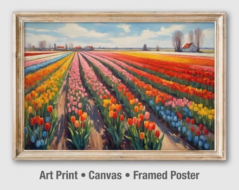 Tulip Field Painting: Spring Flower Landscape Art Print