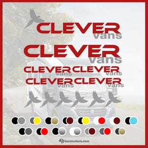 Può includere: Logo Clever Vans rosso e grigio con un'immagine stilizzata di un furgone. L'immagine include campioni di colore e sagome di uccelli. L'indirizzo del sito web kamistore.com è in basso.