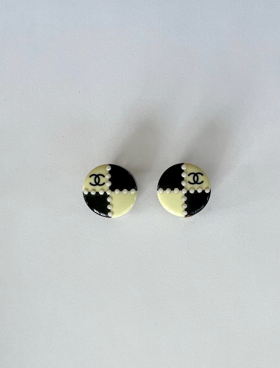 Vintage Chanel Earrings Clip On, Black Ivory Color