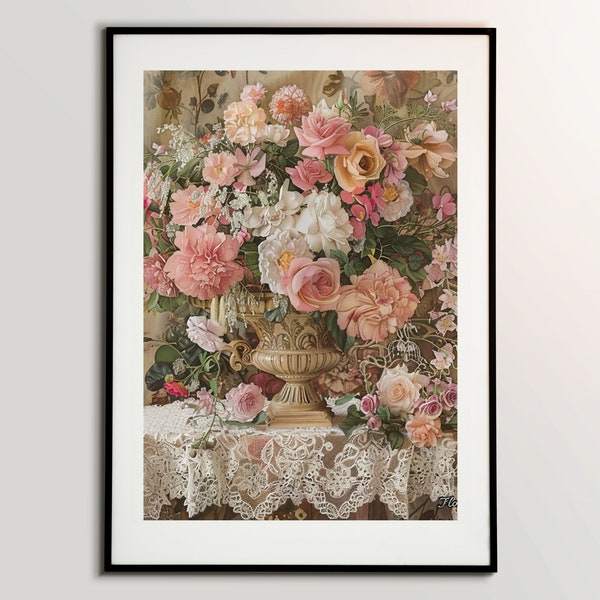 Victorian Floral Art Print, Floral Fantasy Painting, Romantic Victorian Wall Decor, Vintage Flower Art, Printable Digital Download