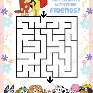 May include: A printable maze activity featuring the characters from the children's TV show Bluey. The maze challenges players to help Lucky and Rusty reunite with their friends. The maze is surrounded by a pink background with colourful flowers and confetti.