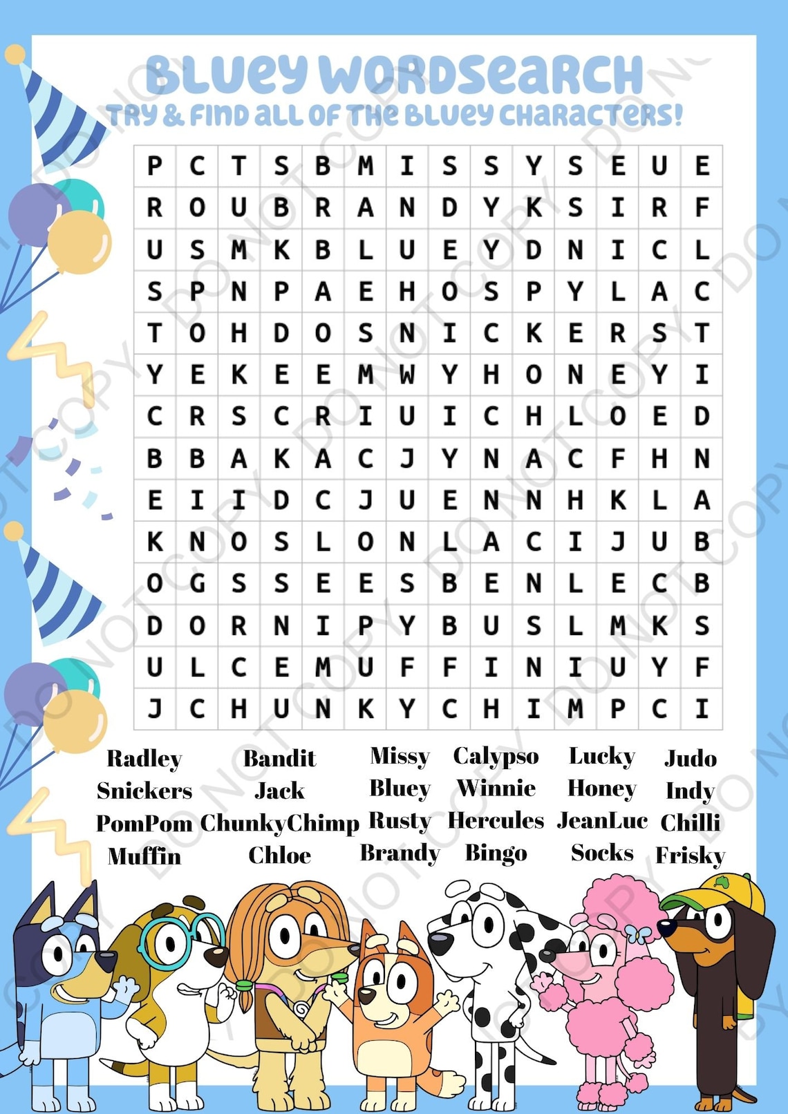 Bluey Wordsearch Game blue, Digital File, PDF Etsy