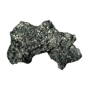 May include: A raw, metallic mineral specimen with a dark, charcoal-grey base and numerous small, reflective, brassy-gold cubic crystals embedded across its irregular, jagged surface, creating a high-contrast, textured appearance throughout.