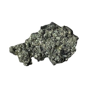 May include: A raw cluster of metallic pyrite mineral featuring a dense formation of small, cubic, brass-colored crystals with a reflective, multifaceted surface texture. The specimen has an irregular, jagged shape with dark, recessed areas.