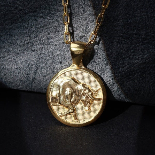 Taurus zodiac coin necklace in 10K gold, Taurus pendant for birthday gift, Taurus jewelry for women, Horoscope necklace