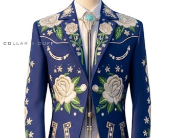 Men 2Pc Blue Custom Floral Embroidered Western Suit Rose  Vintage Retro Groom Attire Party Stage Jacket Pants Set Cowboy Wedding Outfit
