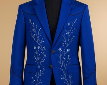 Men Royal Blue 2Pc Customised Floral Vine Embroidered Country Western Musician Suit Cocktail Prom Party Wedding Music Event Outfit