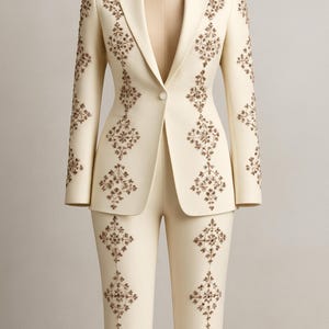 Women Ivory 2Pc Floral Embroidered Country Western Nudie Suit, Elegant Wedding Reception Party Outfit, Vintage Cowgirl Rodeo Attire