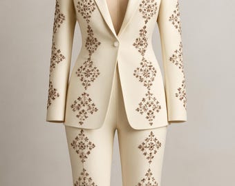 Women Ivory 2Pc Floral Embroidered Country Western Nudie Suit, Elegant Wedding Reception Party Outfit, Vintage Cowgirl Rodeo Attire