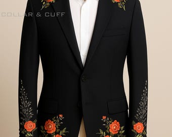 Men 2Pc Black Rose Leaf Vine Embroidered Western Suit Custom Cowboy Groom Wear Vintage Country Style Festival Event Jacket Pants Outfit