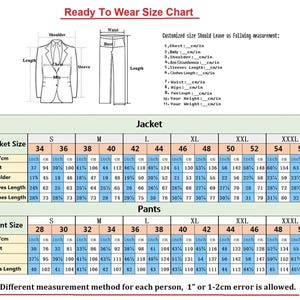 May include: A size chart for jackets and pants, with measurements in inches and centimeters. The chart includes jacket sizes from 34 to 56 and pant sizes from 28 to 50, detailing chest, shoulder, sleeve, and clothes lengths.