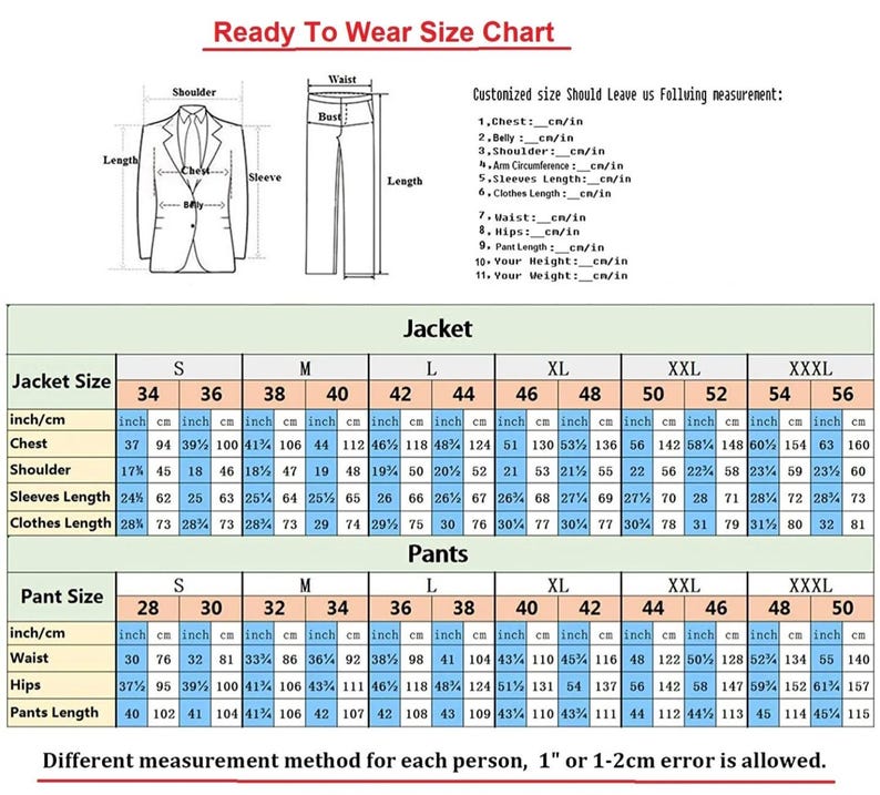 May include: A size chart for jackets and pants, with measurements in inches and centimeters. The chart includes jacket sizes from 34 to 56 and pant sizes from 28 to 50, detailing chest, shoulder, sleeve, and clothes lengths.