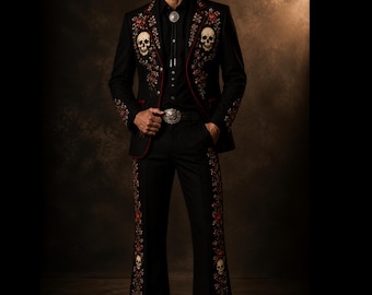 Men 2pc Black Skull Floral Embroidered Western Cowboy Gothic Halloween Wedding Groom Stage Performer Rockabilly Retro Custom Suit Outfit