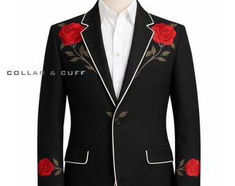 Men 2Pc Black Custom Tropical Floral Embroidered Western Suit  Cowboy Wedding Groom Wear Retro Country Style Festival Party Jacket Pants