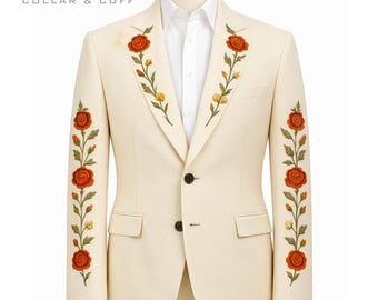 Men 2Pc Ivory Floral Bespoke Embroidered Western Cowboy Wedding Groom Outfit, Retro Vintage Country Attire Style Jacket and Pants Nudie Suit