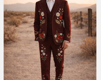 Men 2pcs Burgundy Embroidered Suit Floral Wedding Groom Outfit Western Nudie Style Boho Vintage Cowboy Designer Custom Tailored Attire