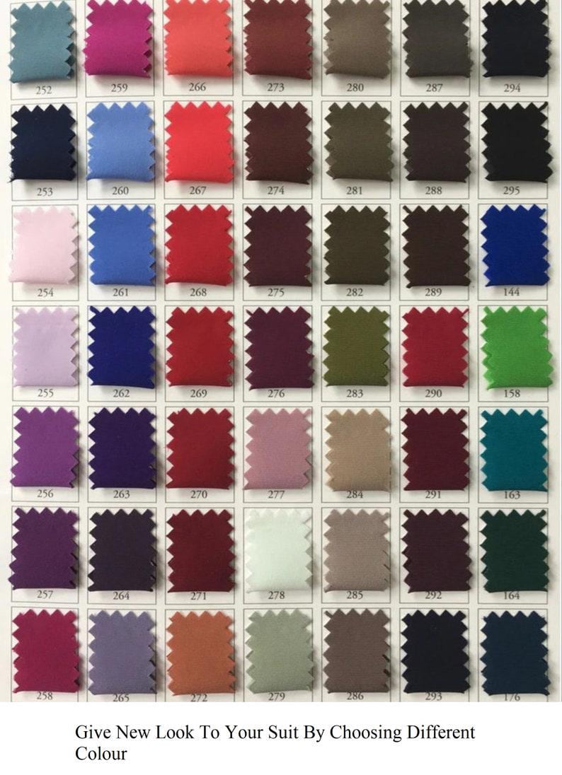 May include: A color chart featuring a variety of fabric swatches in shades of blue, red, purple, green, and neutral tones. Each swatch is labeled with a number. The text at the bottom reads: Give New Look To Your Suit By Choosing Different Colour.