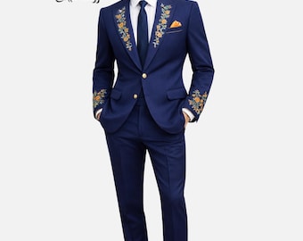 Men Nudie Style Western Embroidered Suit Navy Blue Floral Cowboy Suit Groom Wedding Suit Vintage Inspired Rodeo Country Prom Stage Outfit