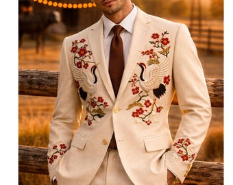 Men 2Pc Ivory Crane Cherry Blossom Embroidered Western Nudie Suit Custom Cowboy Groom Wear Vintage Country Style Flare Pants Wedding Suit