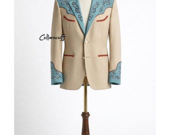 Traje de hombre de 2 piezas color beige, personalizado, Nudie Western, bordado, vaquero turquesa, floral, vintage, boda, escenario, artista, retro, country, clásico.