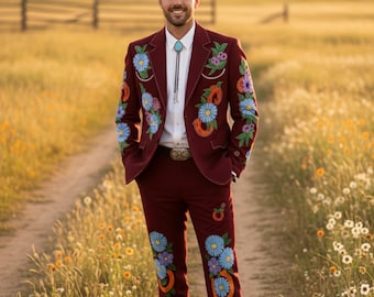 Men 2 pcs Mehroom Western Embroidered Floral Vine Design Suit Custom Country Cowboy Wedding Groom Jacket pants Outfit Nudie Style Suit