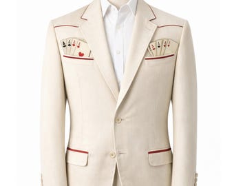 Men 2 Pc Ivory Joker Card Embroidered Cream Western Tuxedo Custom Wedding Groom Stage Performance Statement Designer Handmade Tailored Suit
