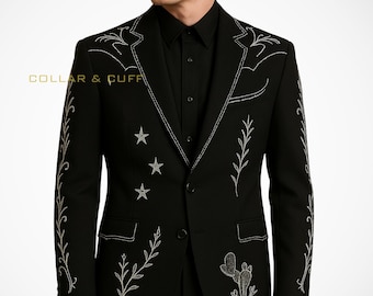 Men Black 2Pc Western Suit Silver Star Cactus Embroidery Cowboy Outfit Wedding Party Prom Music Event Formal Wear Country Style Suit