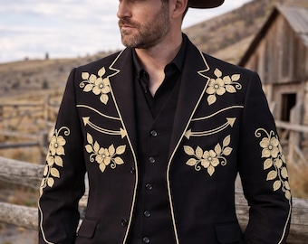 Men 2Pc Black Floral Embroidered Western Nudie Suit Custom Cowboy Groom Wear Vintage Country Style Formal Wedding Prom Party Designer suit