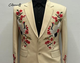 Men 2Pc Ivory Custom Crane Cherry Blossom Embroidered Western Nudie Suit Custom Cowboy Groom Vintage Country Style Flare Pants Wedding Suit