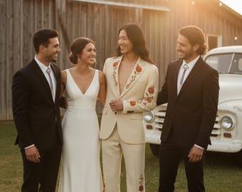 Men 2Pc Ivory Floral Bespoke Embroidered Western Cowboy Wedding Groom Outfit, Retro Vintage Country Attire Style Jacket and Pants Nudie Suit
