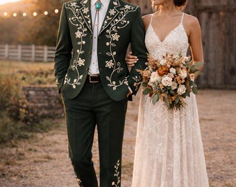 Men 2pc emerald green embroidered western nudie tailored floral vine cowboy wedding groom vintage blazer pants retro elegant customized suit