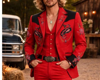 Traje de hombre de 2 piezas rojo personalizado Nudie Western bordado vaquero floral vintage boda escenario artista retro country formal clásico declaración