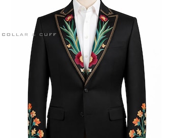 Men 2Pc Black Custom Floral Embroidered Western Suit, Vintage Retro Country Outfit, Festival Party Jacket and Pants, Cowboy Wedding Suit